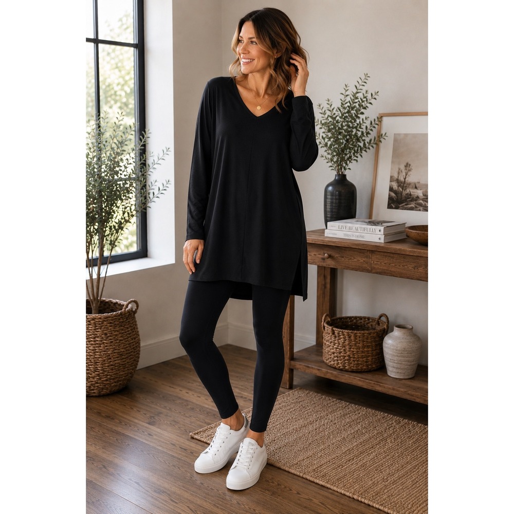Pure Jill Luxe Tencel‎ Black V-Neck Long Sleeve Tunic Top Side Slit Size L
